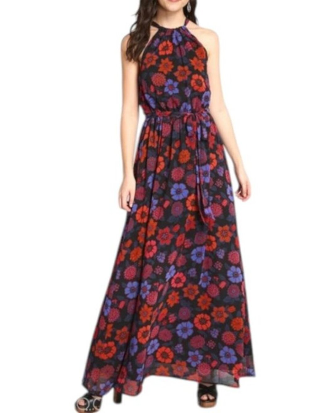 ModCloth Illuminated Elegance Floral Halter Maxi Dress SIZE Medium Dark Floral